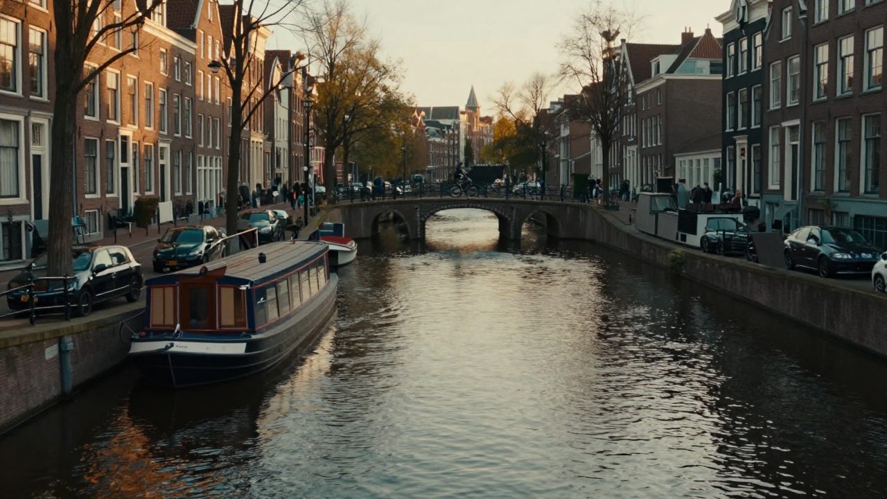 Canals and bridge in Amsterdam at evening light