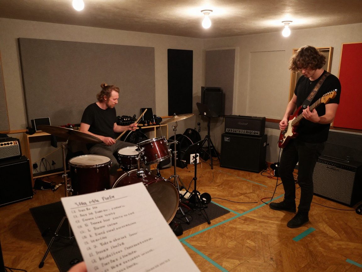 Band rehearsing drums and guitar in practice room