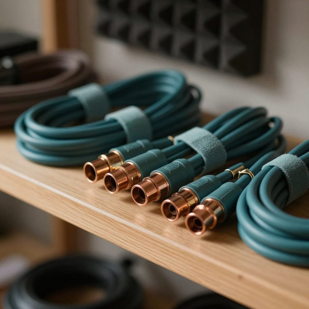 Opgeslagen XLR-kabels op houten plank in studio
