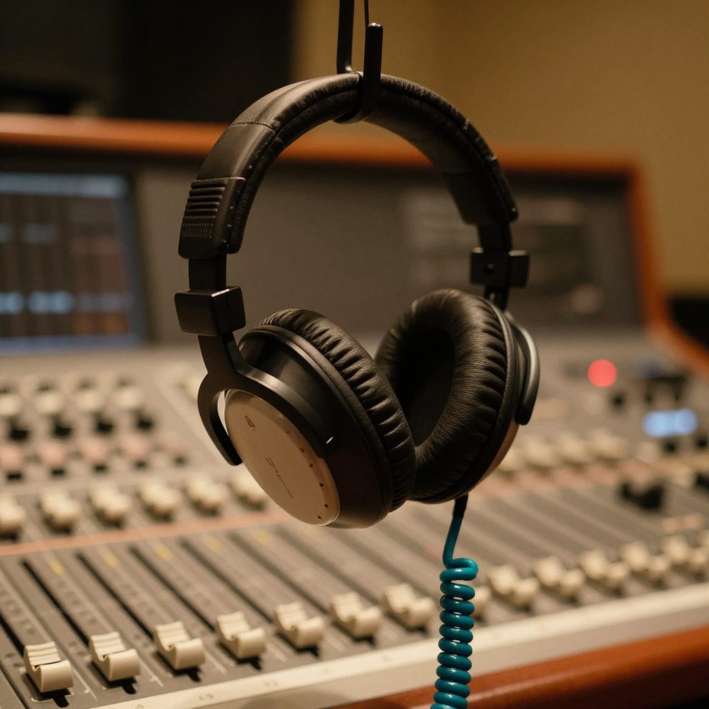 Studio headphones hanging on hook above mixing desk