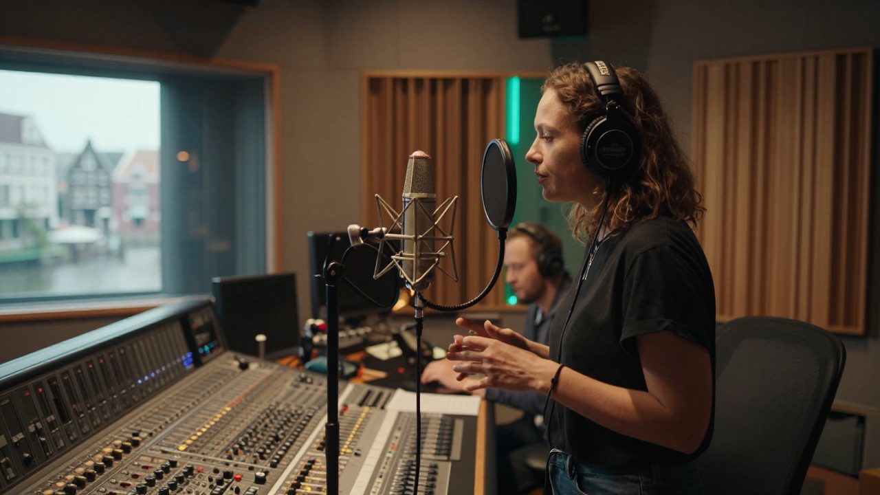 Singer with headphones at microphone in warmly lit studio