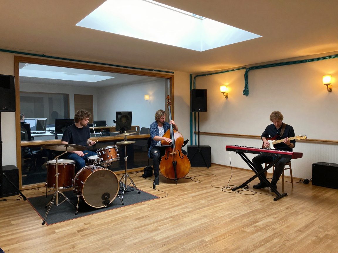 Band playing together in live room with control room window