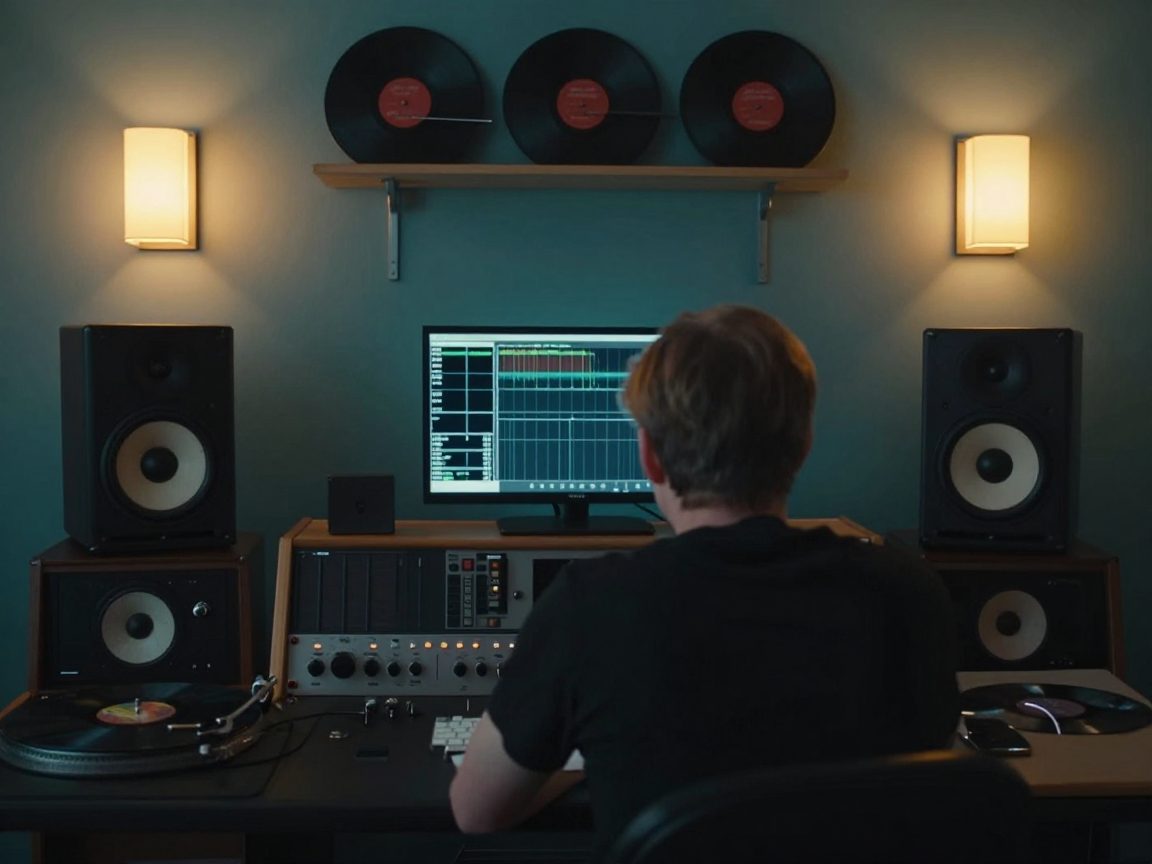 Mastering-engineer luistert naar speakers in symmetrische ruimte