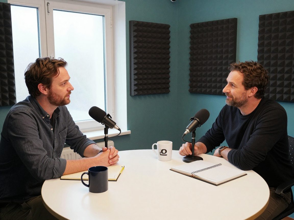 Two podcast hosts with microphones at round studio table