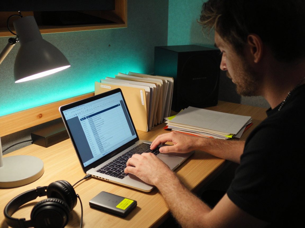 Producer sorting stems on laptop with external drive
