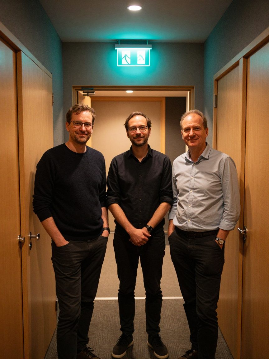 Drie teamleden van de opnamestudio in de gang
