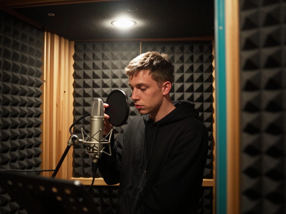 Rapper in booth with microphone and acoustic panels