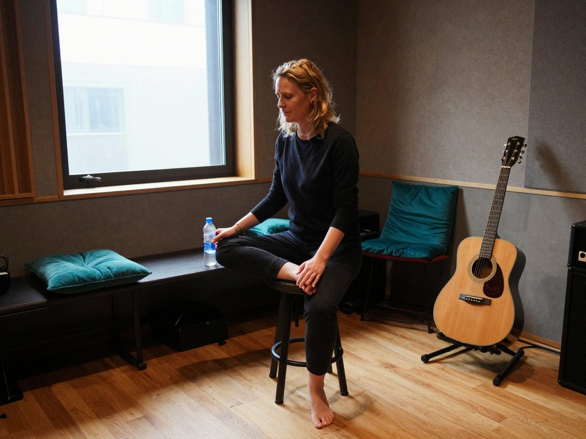 Vocalist warming up in studio lounge before session